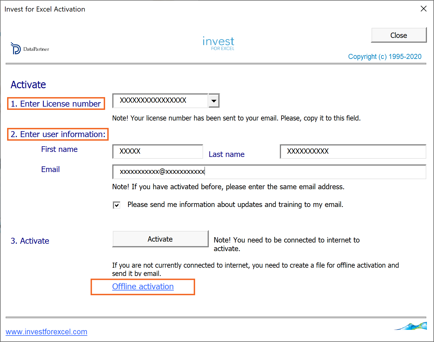 Activate Invest for Excel online